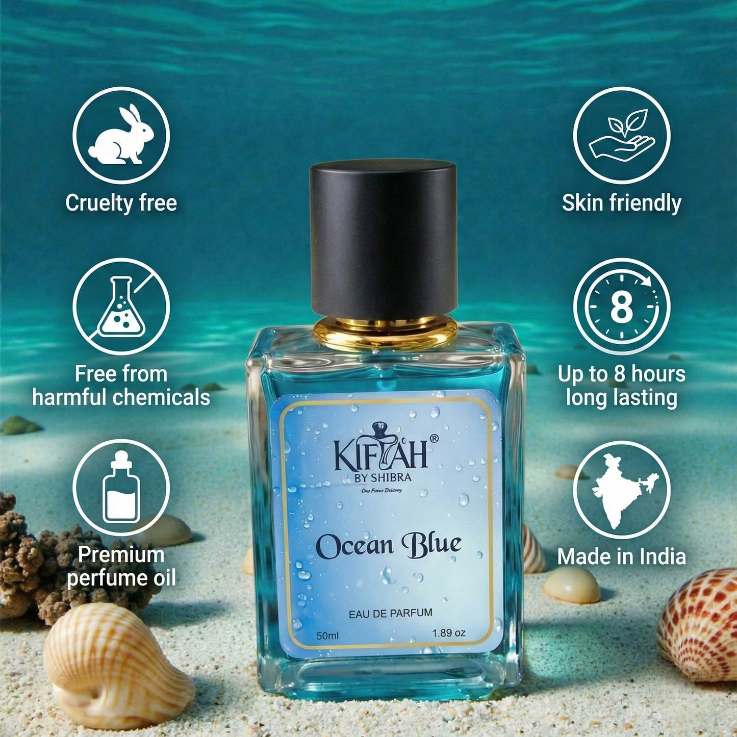 Ocean Blue by KIFAH | Fresh Aquatic Long-Lasting Eau De Parfum for Men (50ml)